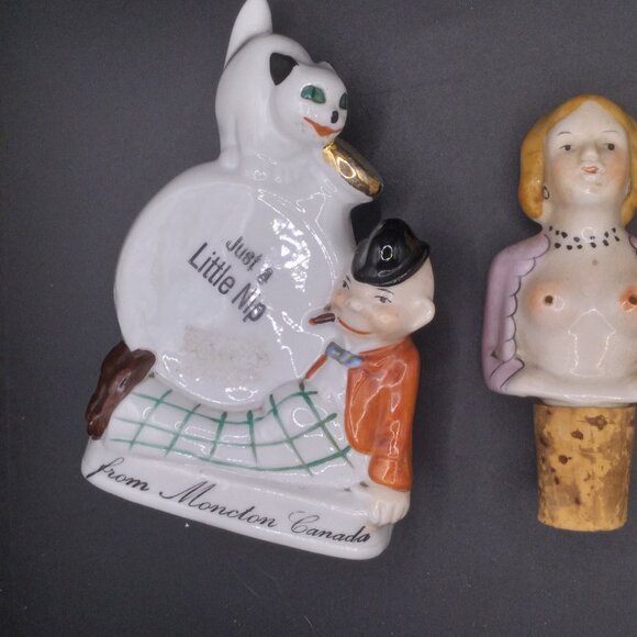 Vintage Naked Lady Porcelain & Celluloid Clown Bottle Stoppers & Bottle - Picture 5 of 14